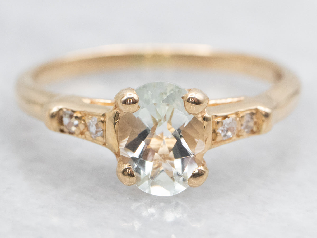 Pale Green Quartz and Diamond Vintage Ring