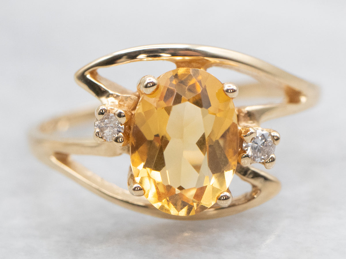 Modernist Gold Citrine and Diamond Bypass Ring