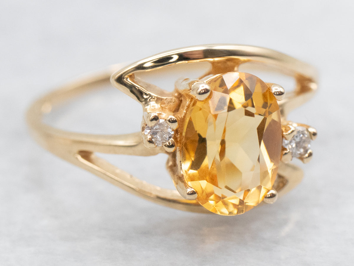 Modernist Gold Citrine and Diamond Bypass Ring