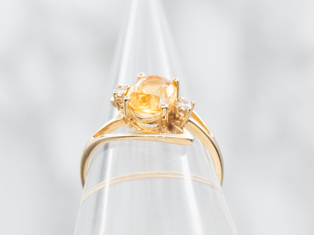 Modernist Gold Citrine and Diamond Bypass Ring