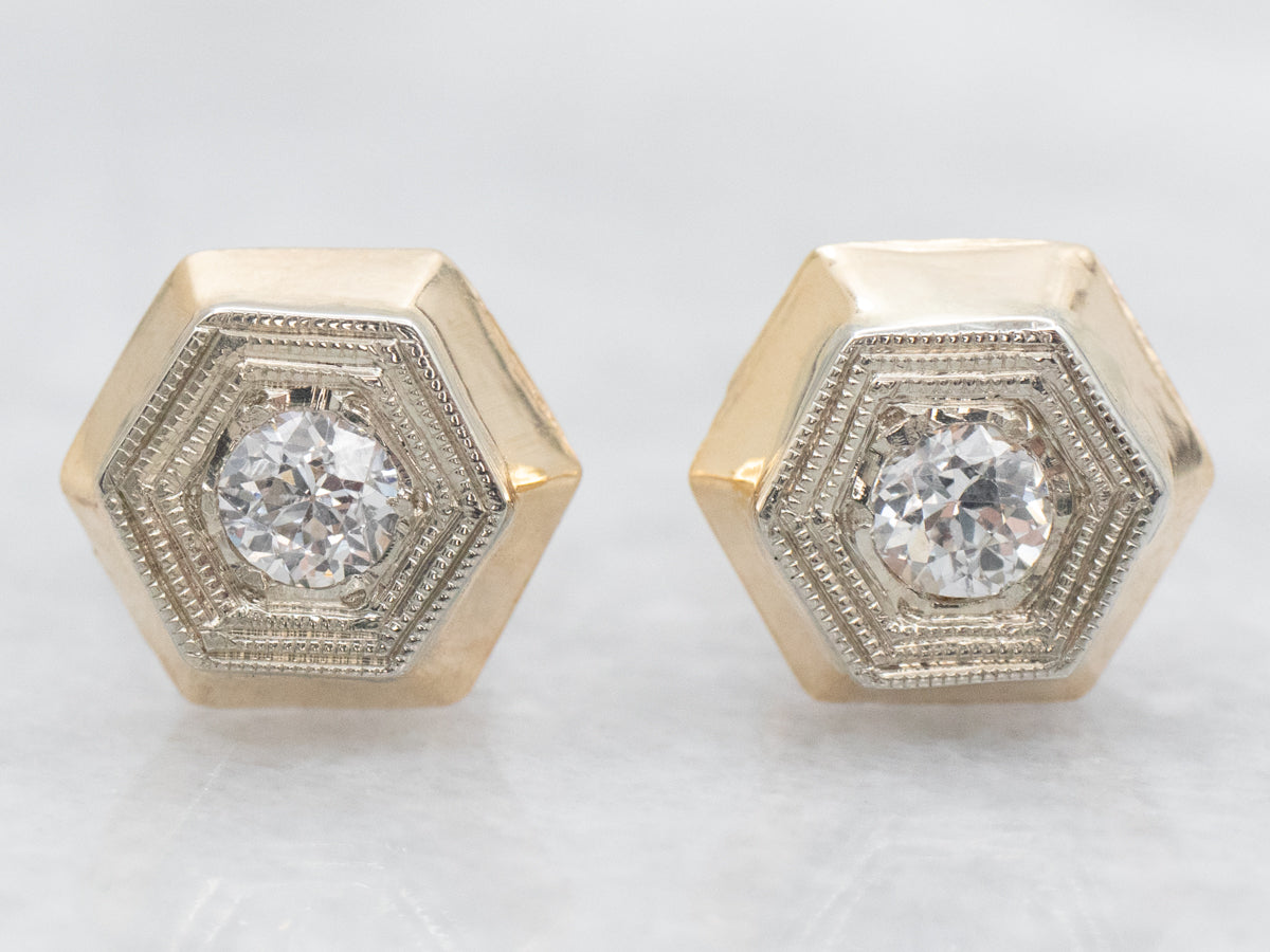 Antique Two Tone Old Mine Cut Diamond Stud Earrings