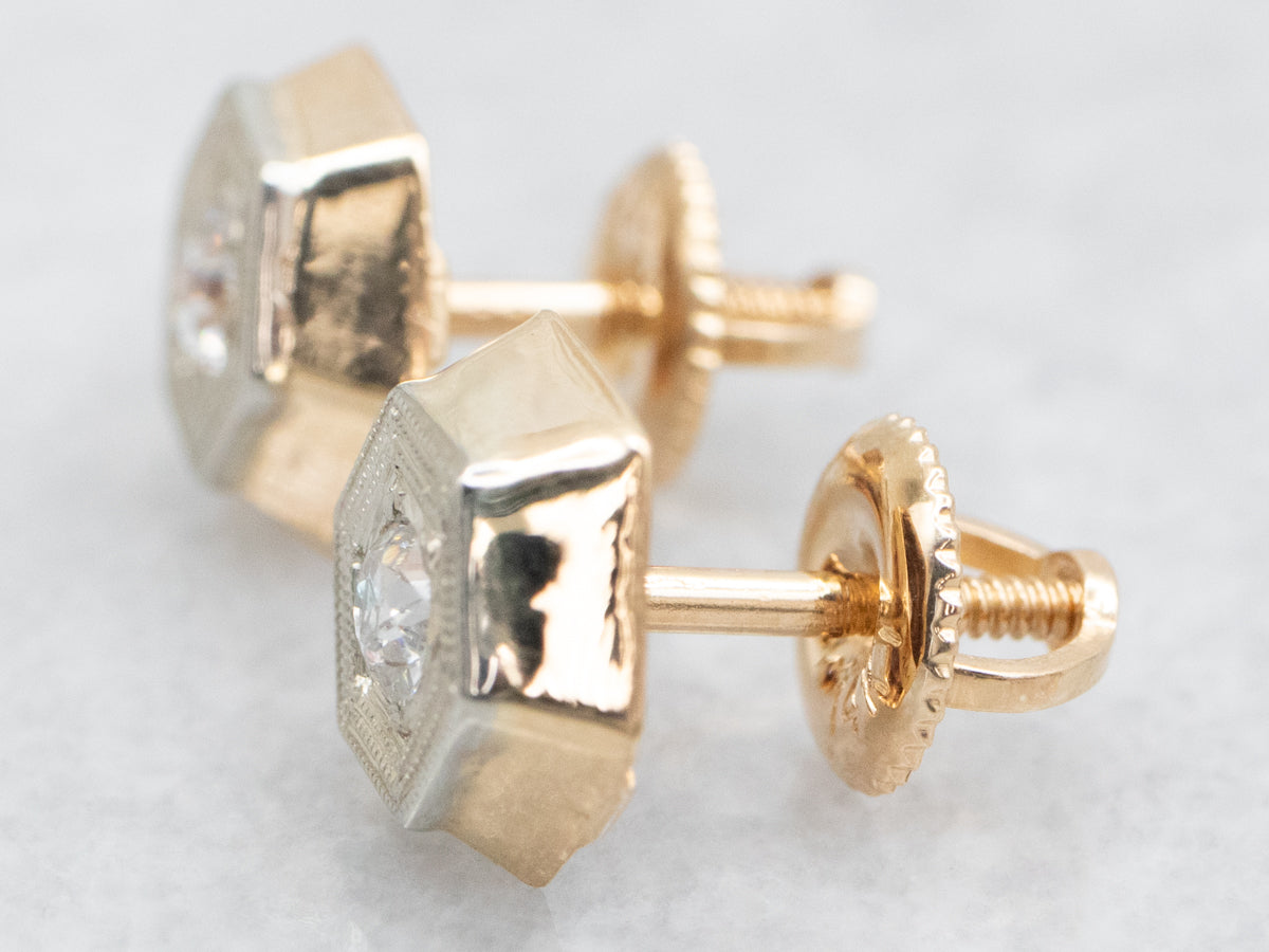 Antique Two Tone Old Mine Cut Diamond Stud Earrings