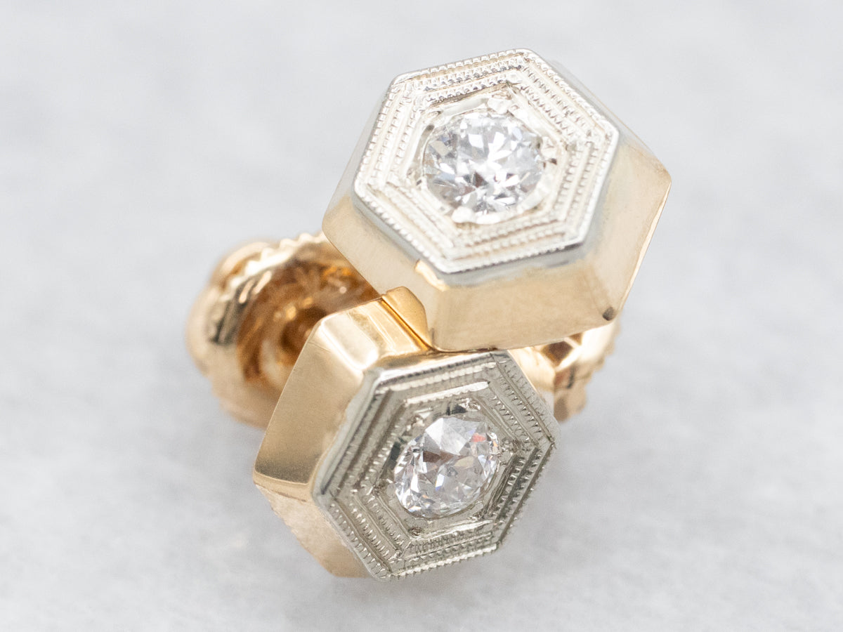 Antique Two Tone Old Mine Cut Diamond Stud Earrings