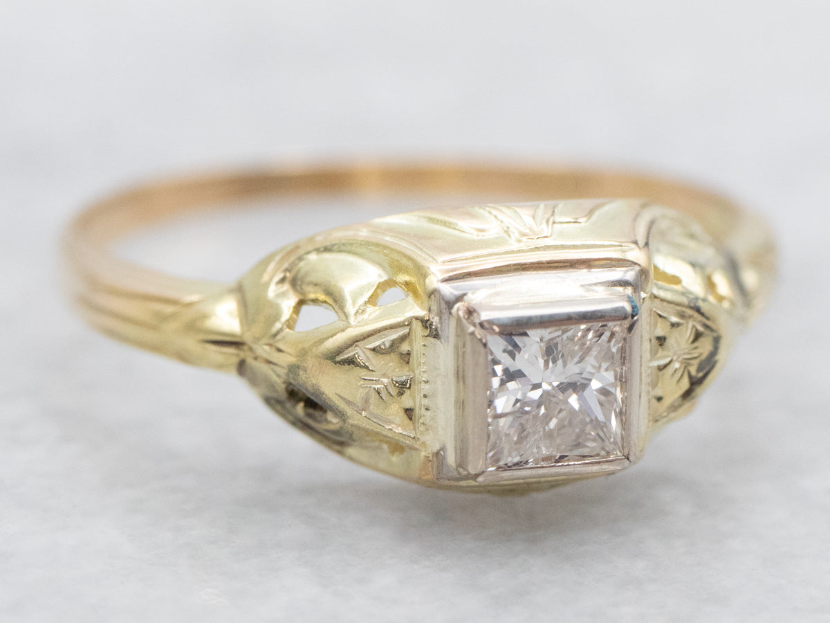 1940&#39;s Green and White Gold Princess Cut Diamond Engagement Ring