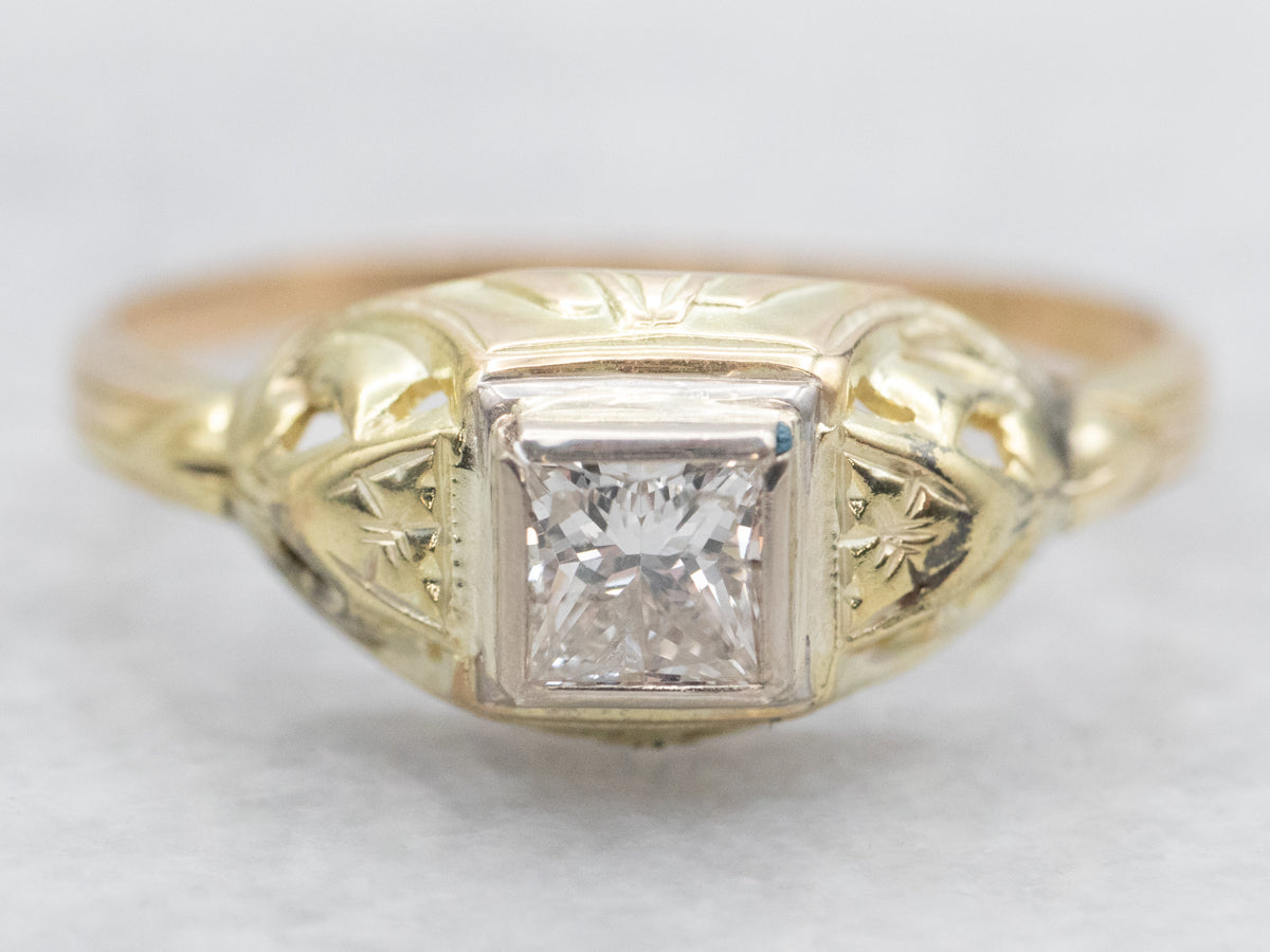 1940's Green and White Gold Princess Cut Diamond Engagement Ring