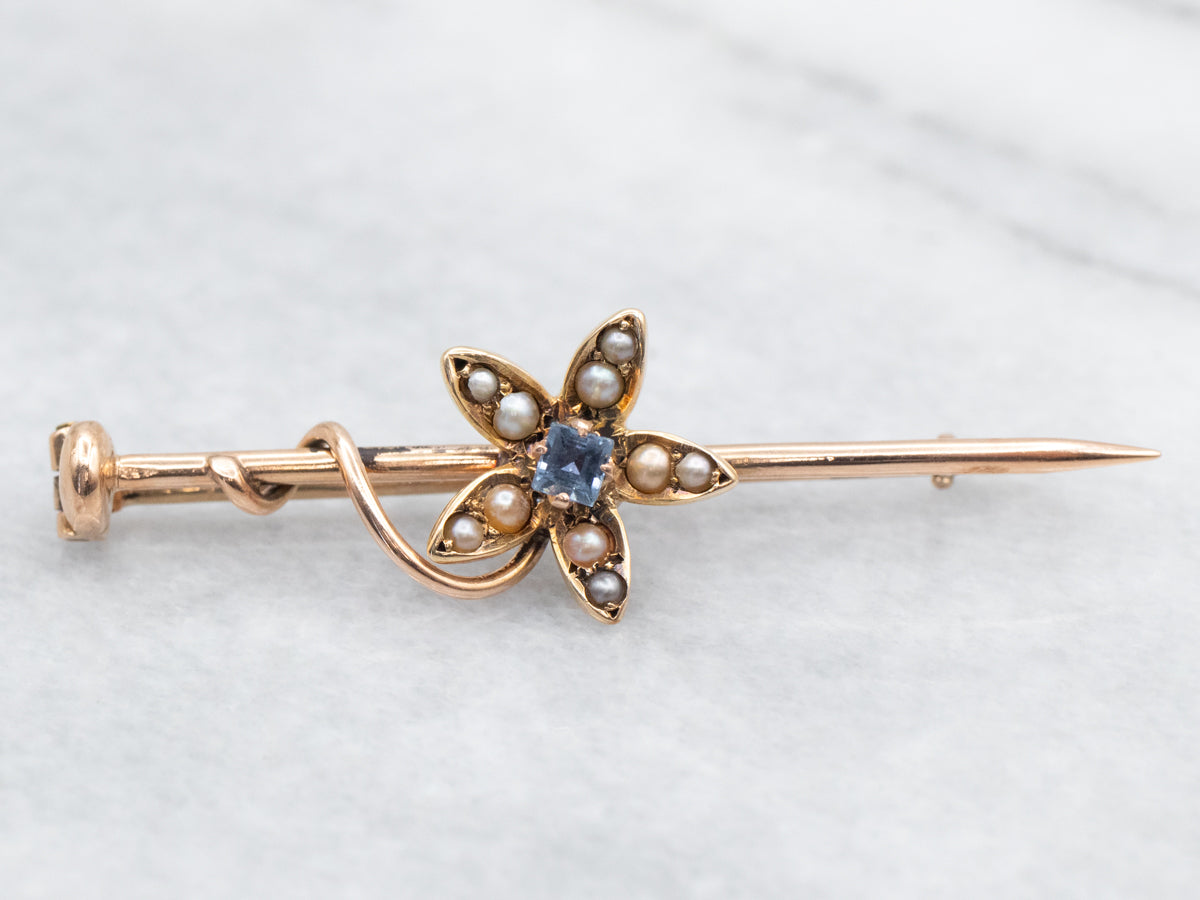 Antique Gold Sapphire and Seed Pearl Bar Pin