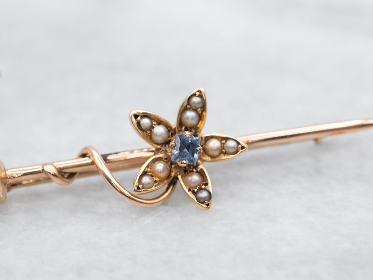 Antique Gold Sapphire and Seed Pearl Bar Pin