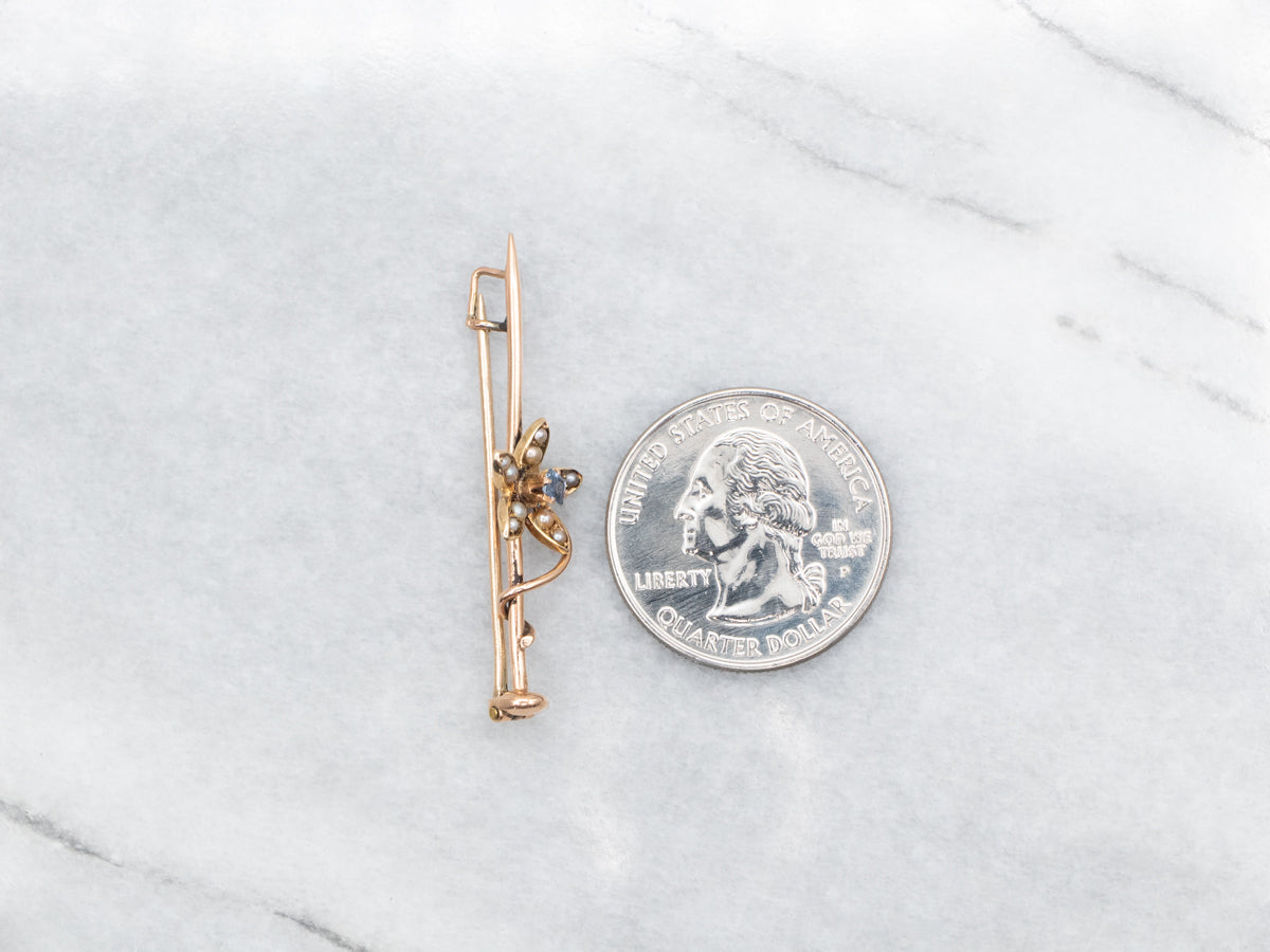 Antique Gold Sapphire and Seed Pearl Bar Pin