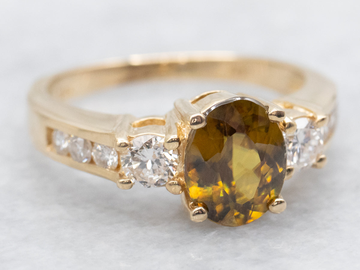 Sphene and Diamond Yellow Gold Ring