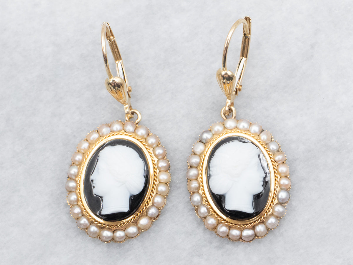 Onyx Cameo and Seed Pearl Drop Earrings