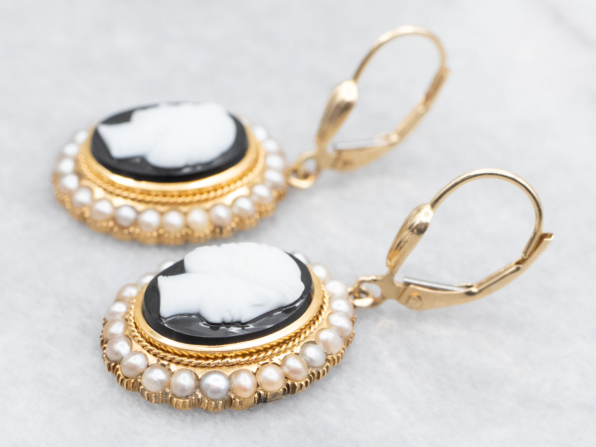 Onyx Cameo and Seed Pearl Drop Earrings