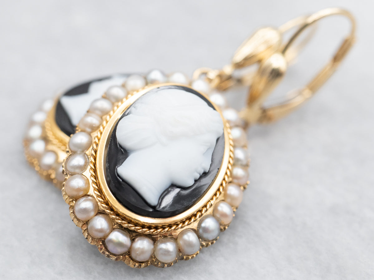 Onyx Cameo and Seed Pearl Drop Earrings