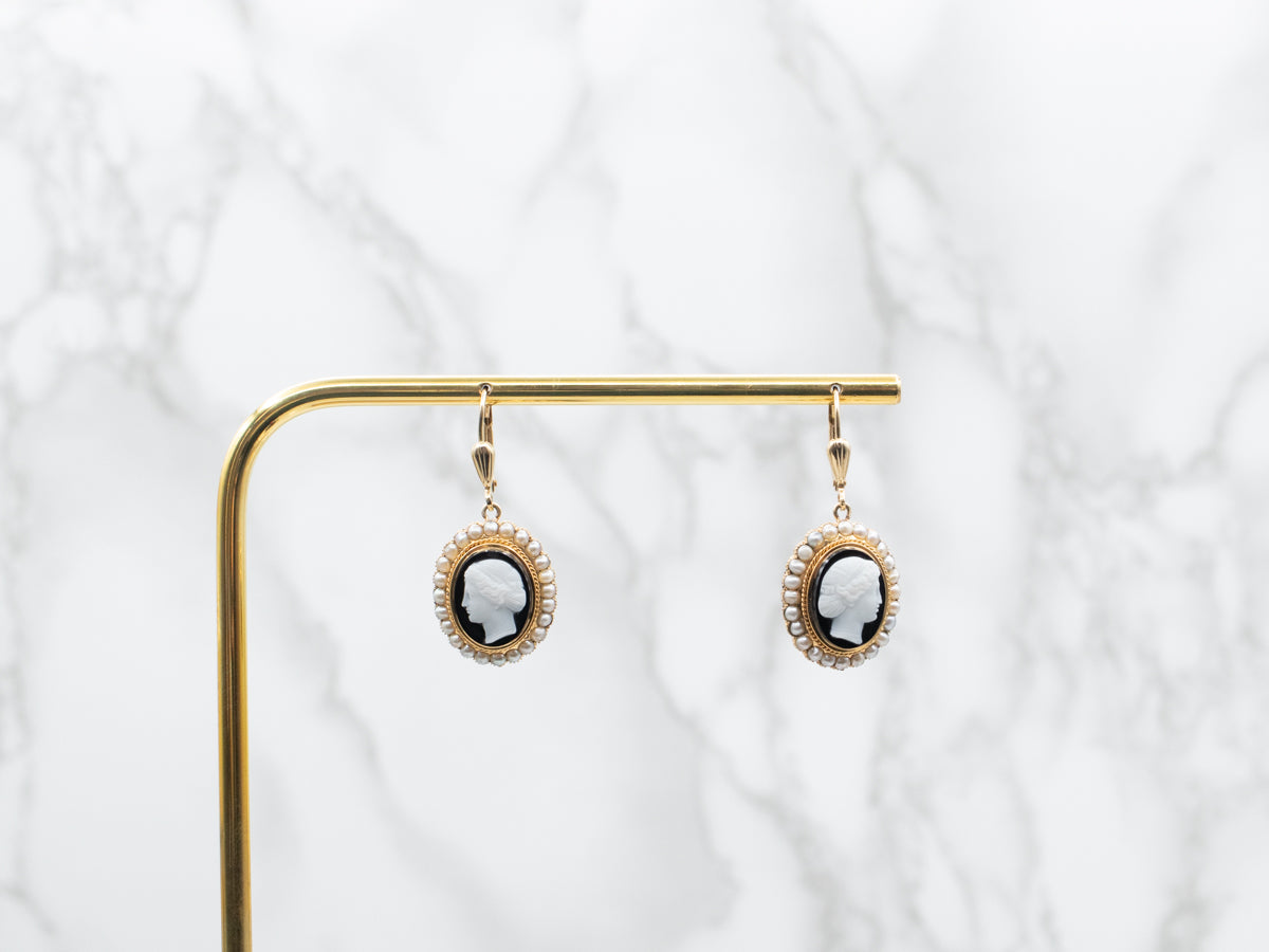 Onyx Cameo and Seed Pearl Drop Earrings