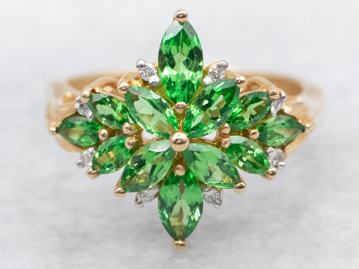 Tsavorite Garnet and Diamond Cluster Ring