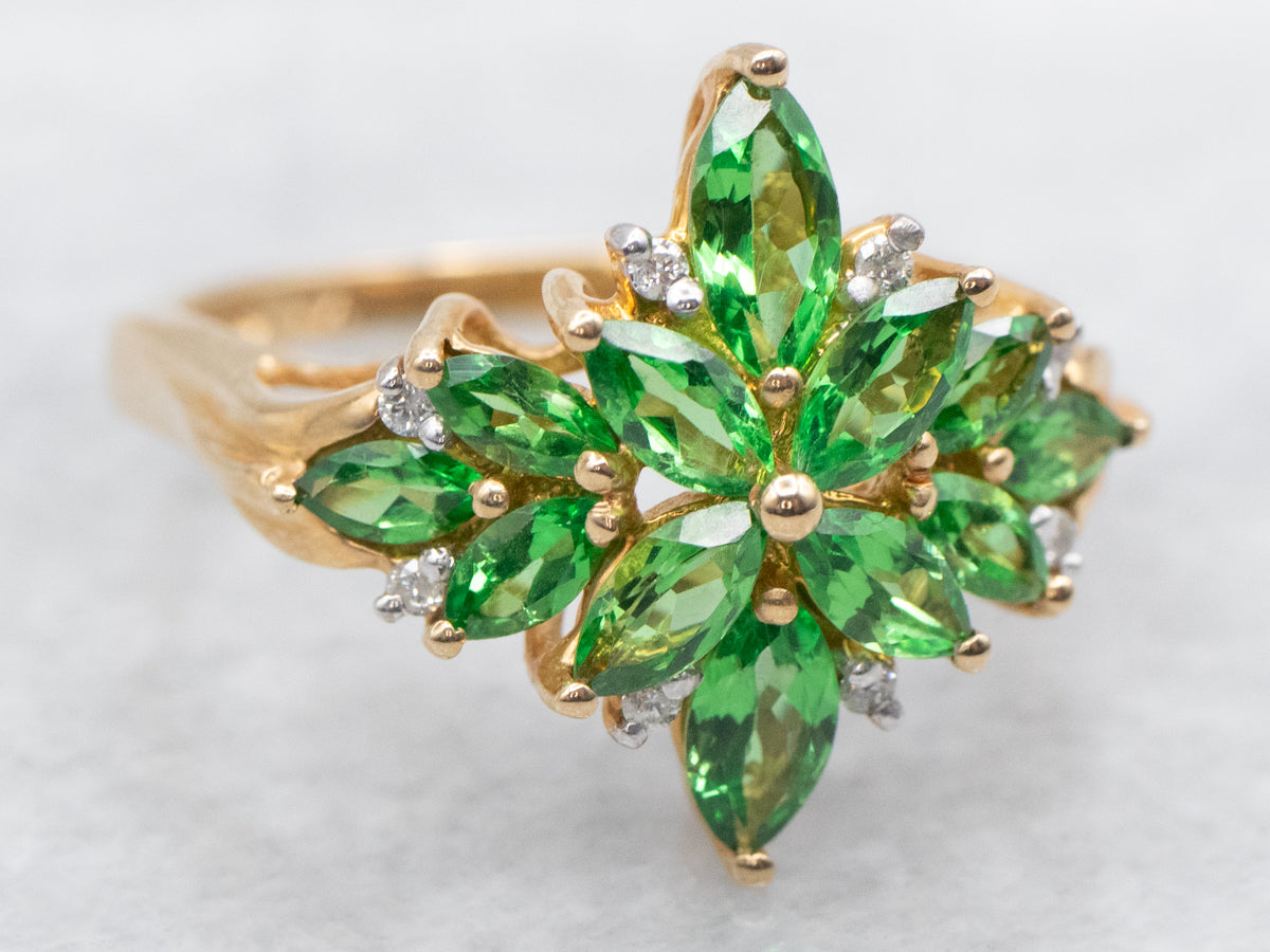 Tsavorite Garnet and Diamond Cluster Ring