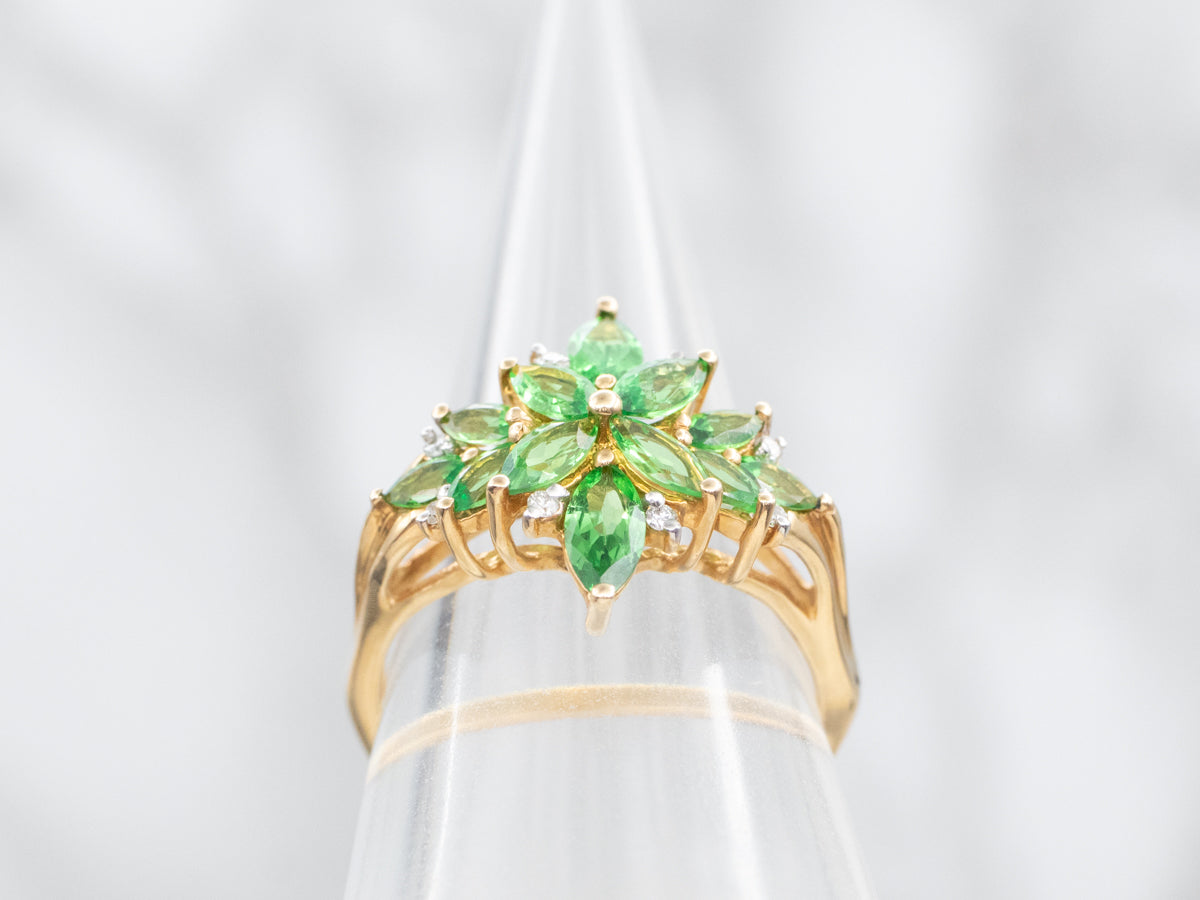 Tsavorite Garnet and Diamond Cluster Ring