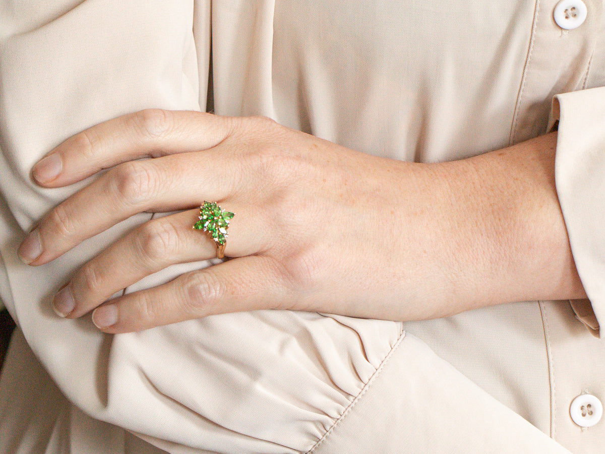 Tsavorite Garnet and Diamond Cluster Ring