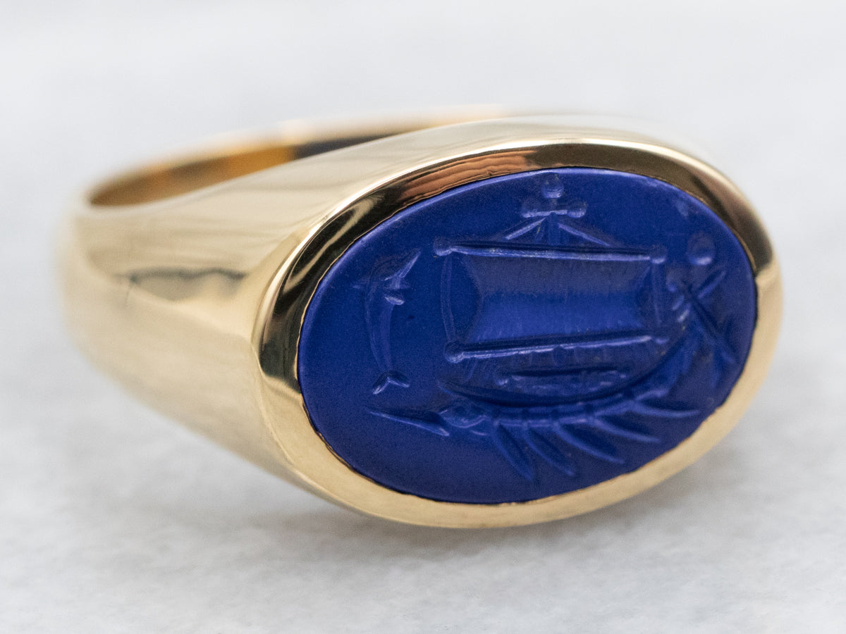 East to West Oval Lapis Intaglio Ring