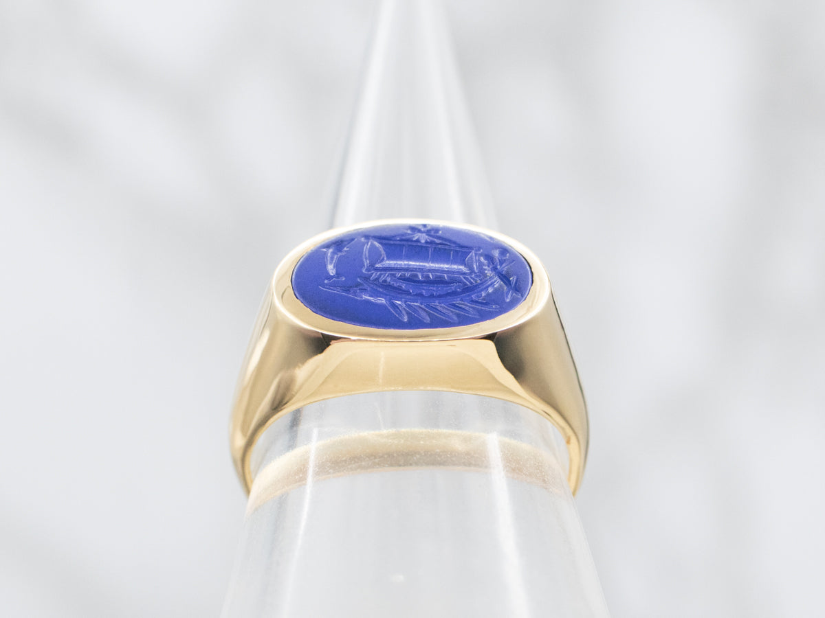 East to West Oval Lapis Intaglio Ring