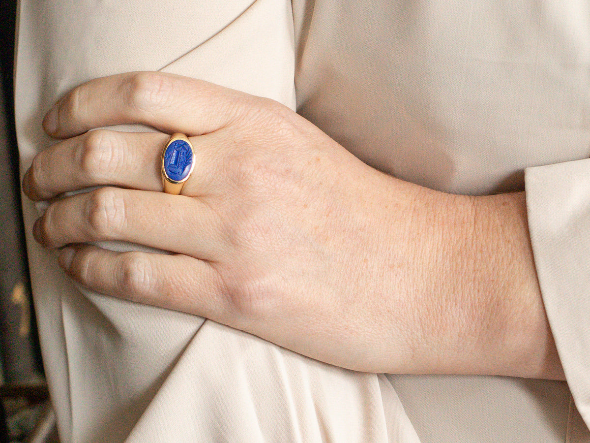 East to West Oval Lapis Intaglio Ring