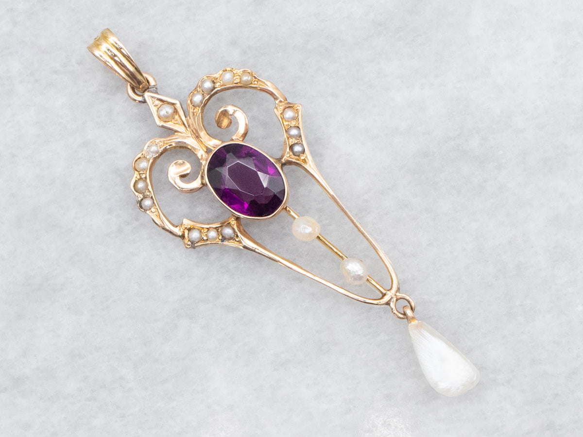 Purple Glass, Seed Pearl, and River Pearl Lavalier Pendant