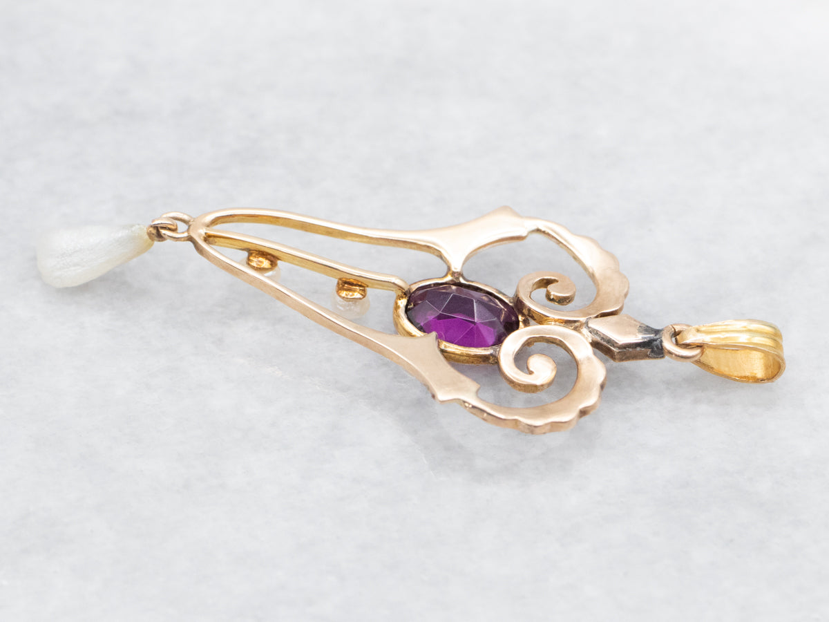 Purple Glass, Seed Pearl, and River Pearl Lavalier Pendant