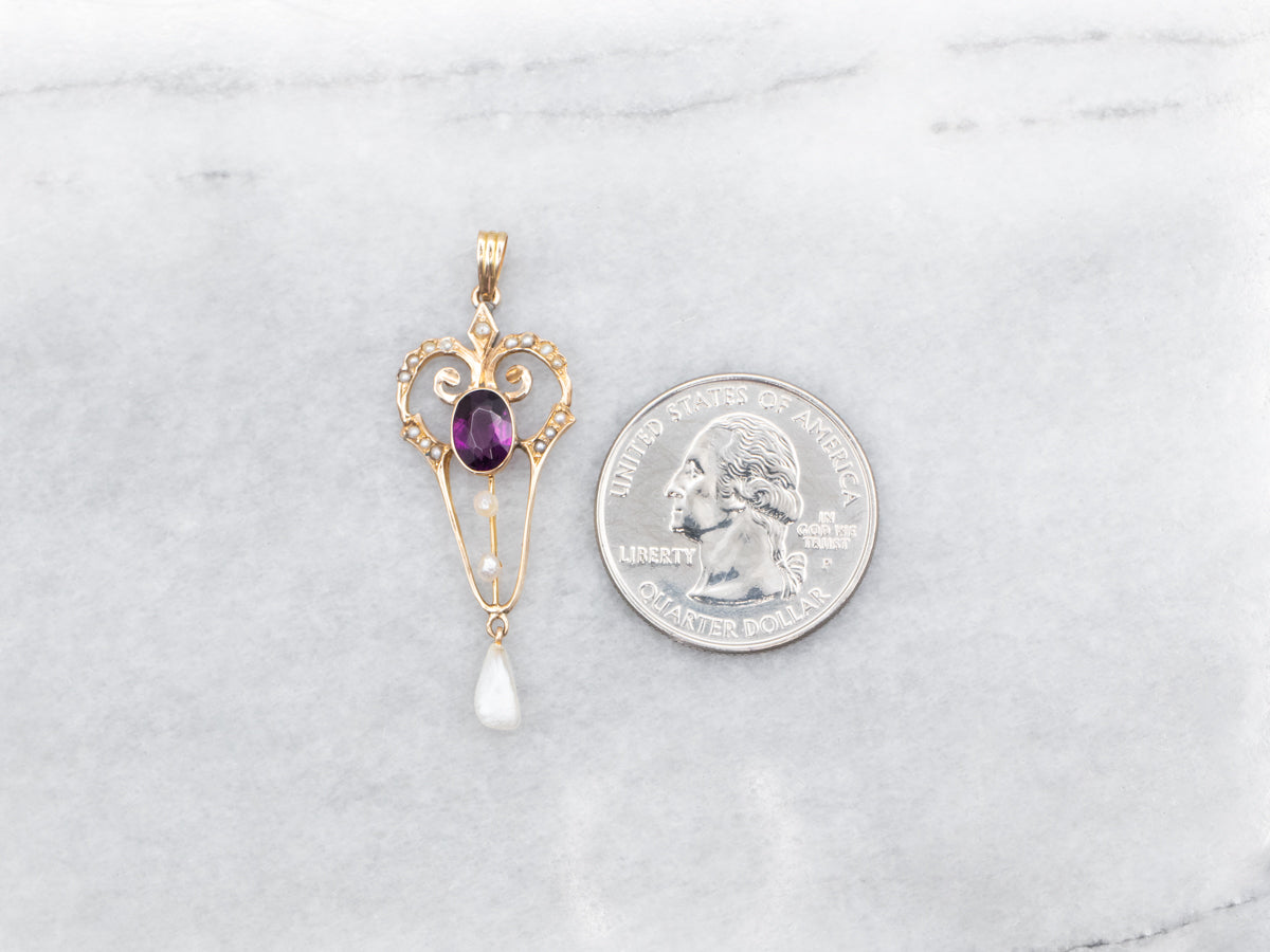 Purple Glass, Seed Pearl, and River Pearl Lavalier Pendant