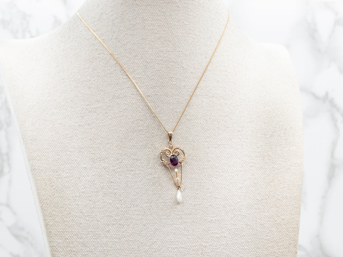 Purple Glass, Seed Pearl, and River Pearl Lavalier Pendant