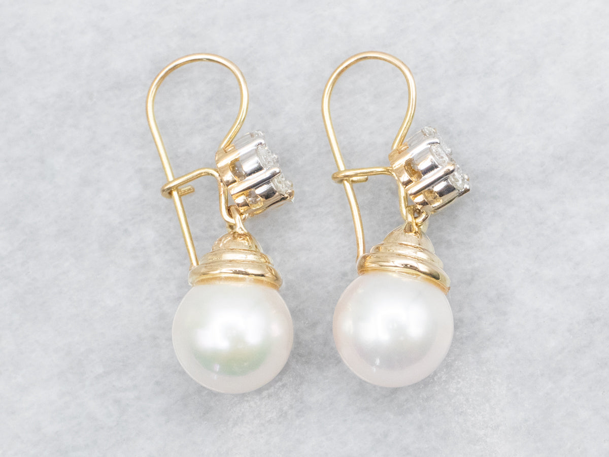 Saltwater Pearl and Diamond Cluster Drop Earrings