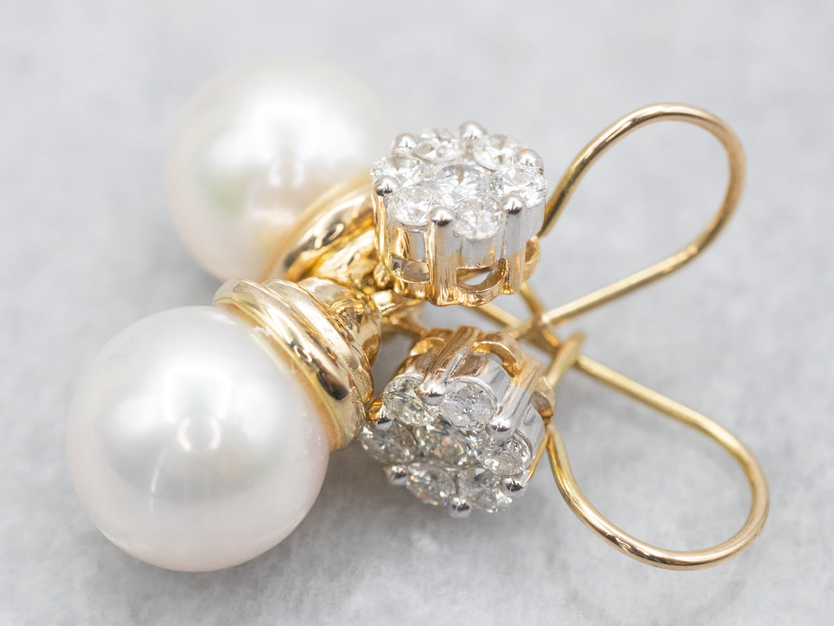 Saltwater Pearl and Diamond Cluster Drop Earrings