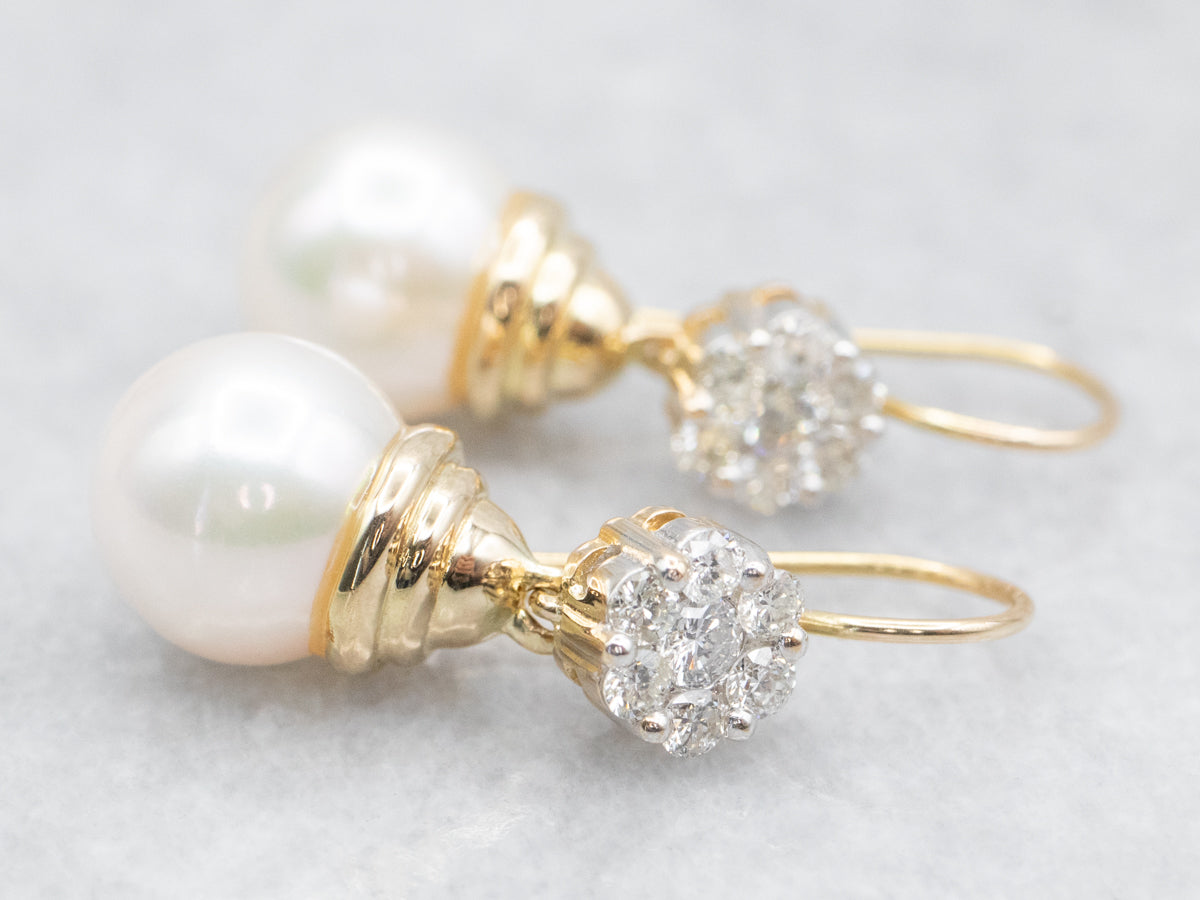 Saltwater Pearl and Diamond Cluster Drop Earrings