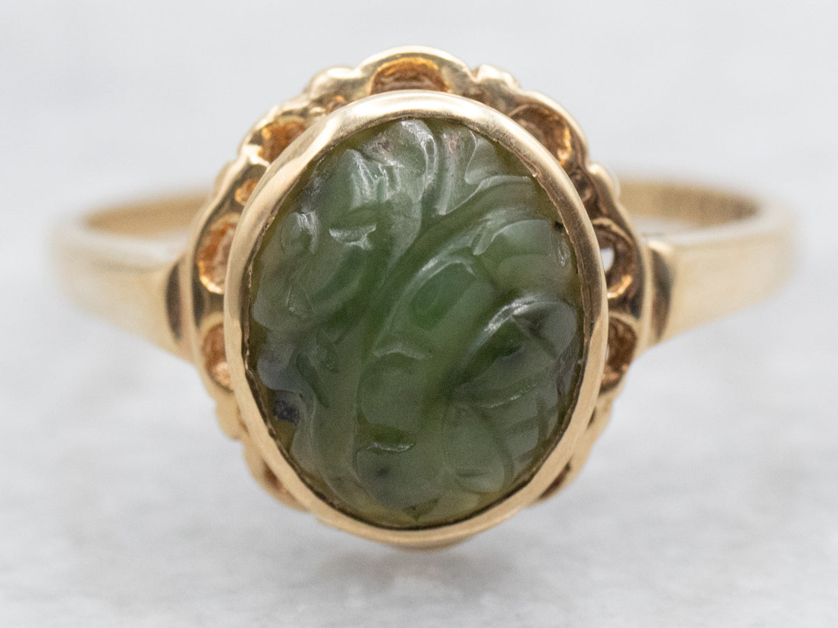 Vintage Carved Nephrite Jade Solitaire Ring