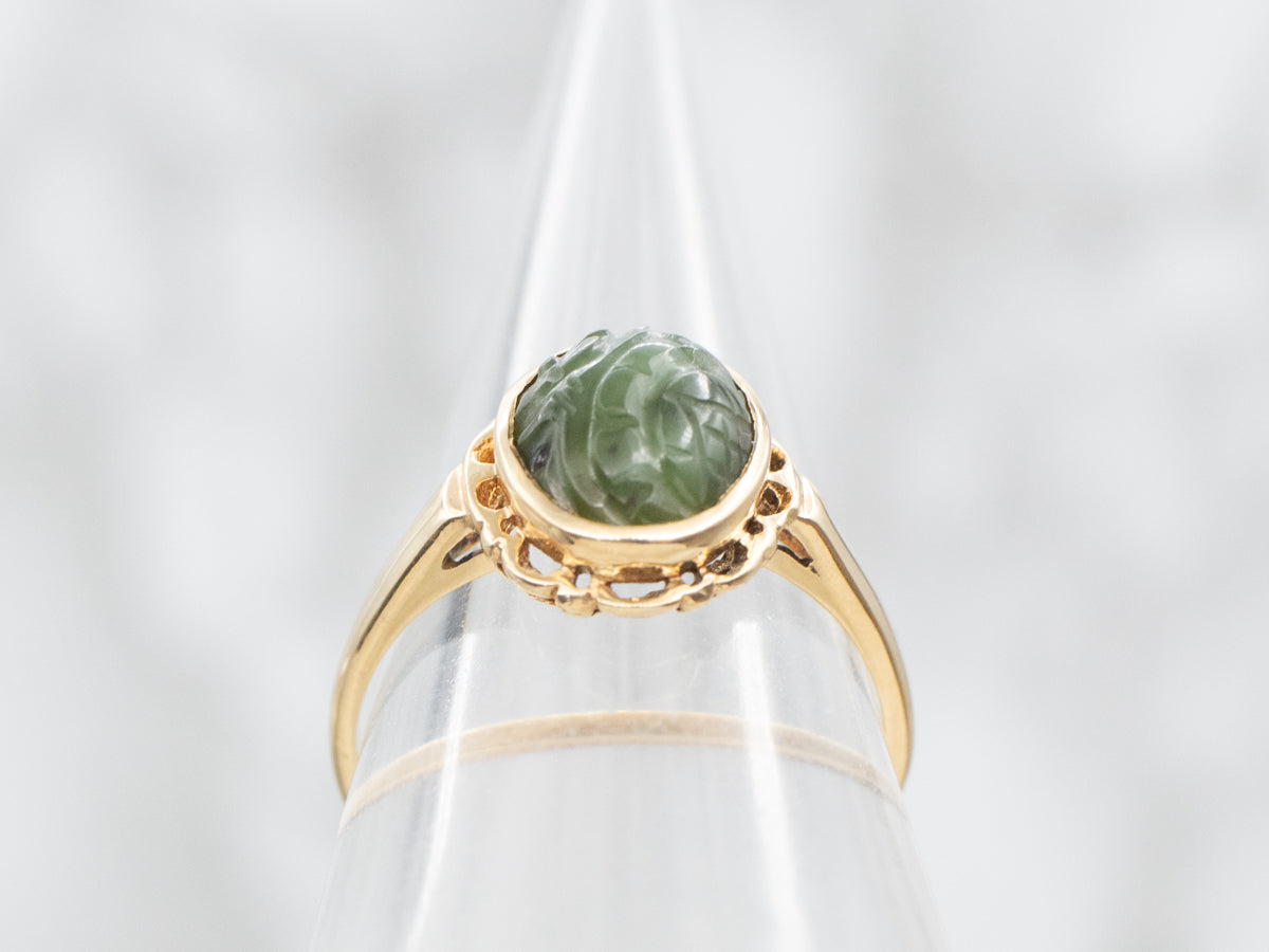 Vintage Carved Nephrite Jade Solitaire Ring