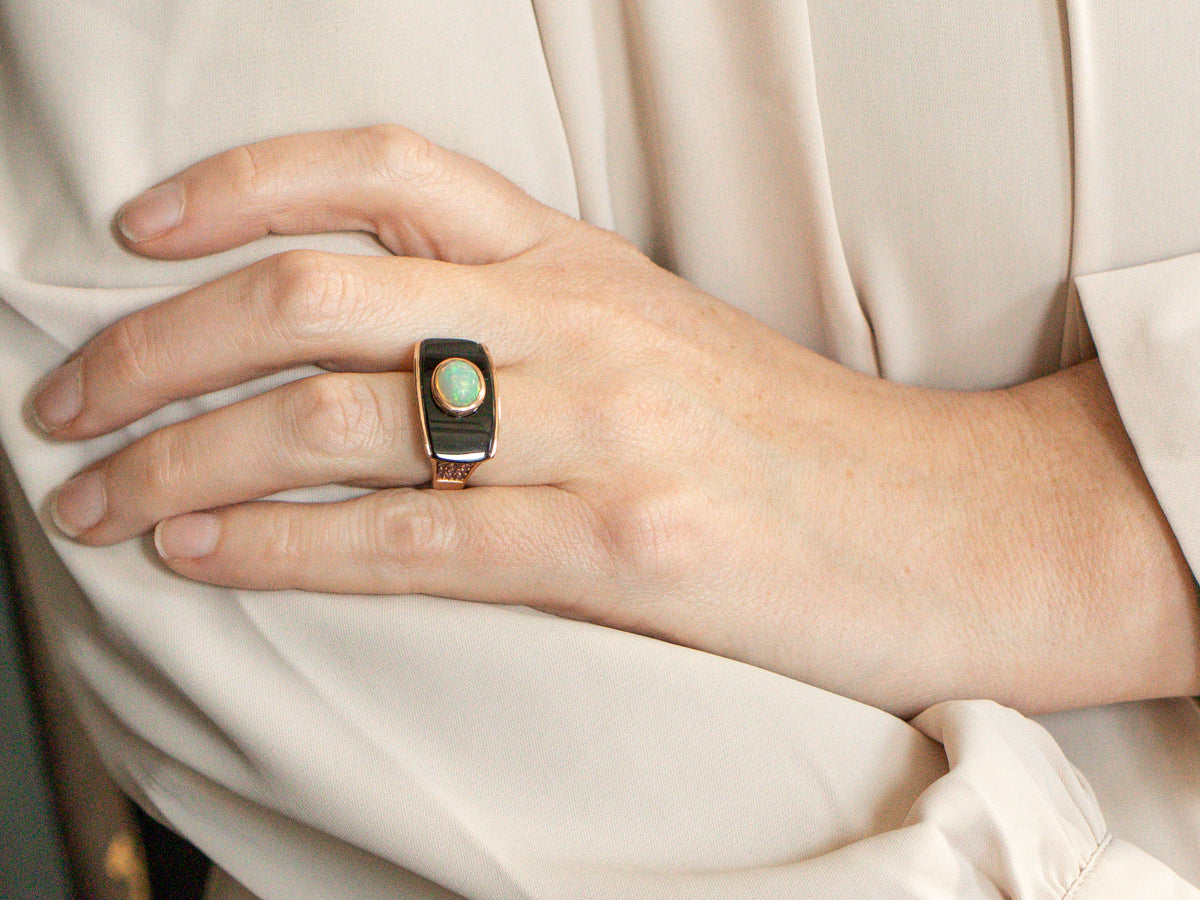 Modernist Opal, Black Onyx, and Pink Tourmaline Ring