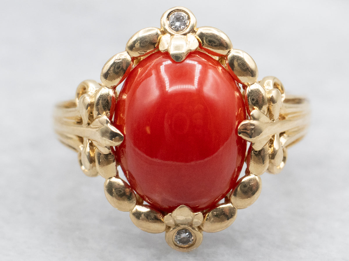 Oval Cut Coral and Diamond Ring