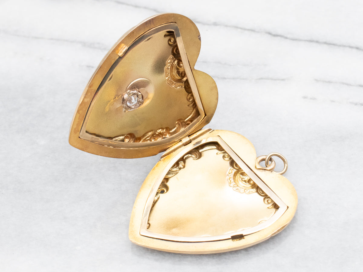 Large Victorian "ASL" Engraved Diamond Scrolling Heart Shaped Locket