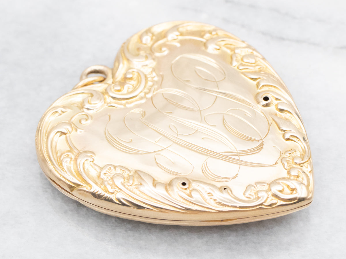 Large Victorian "ASL" Engraved Diamond Scrolling Heart Shaped Locket