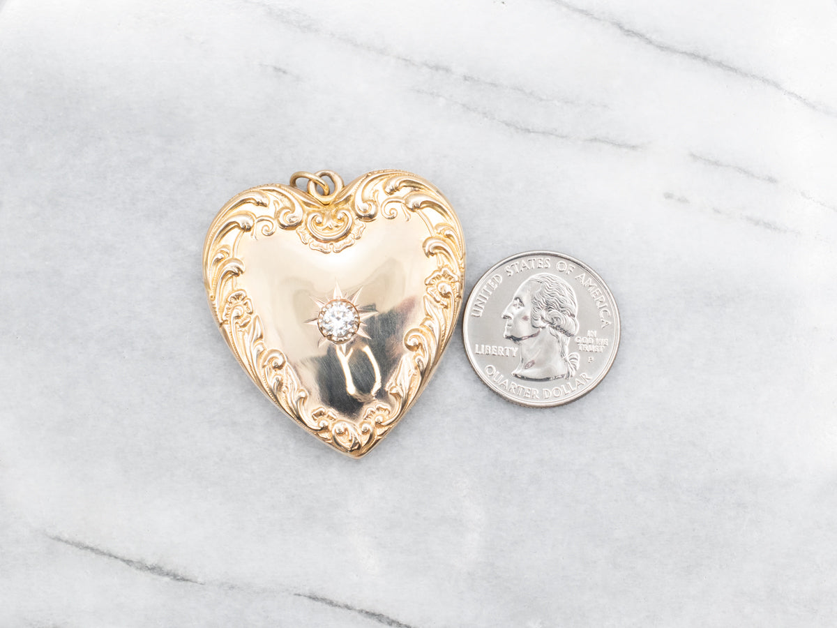 Large Victorian "ASL" Engraved Diamond Scrolling Heart Shaped Locket