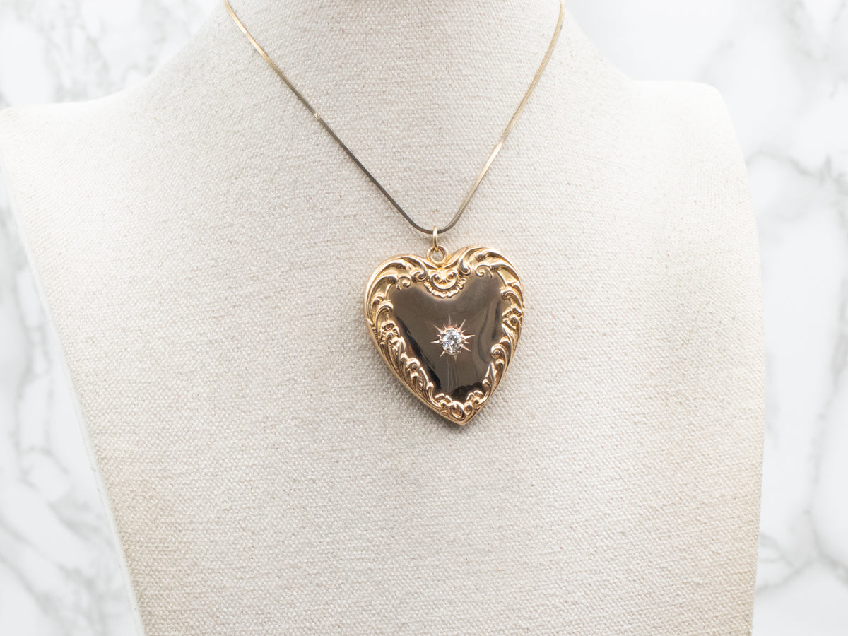 Large Victorian "ASL" Engraved Diamond Scrolling Heart Shaped Locket