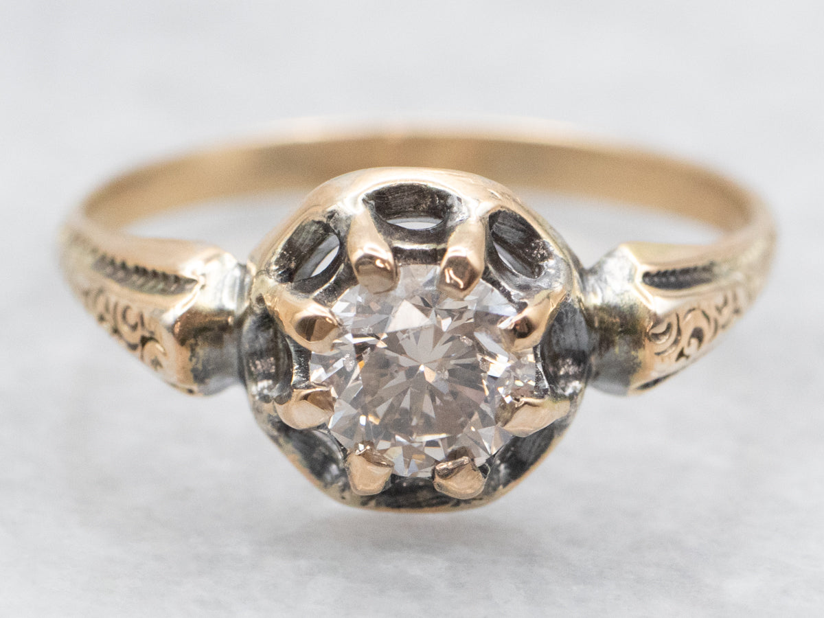 Vintage Belcher Set Champagne Diamond Solitaire Engagement Ring