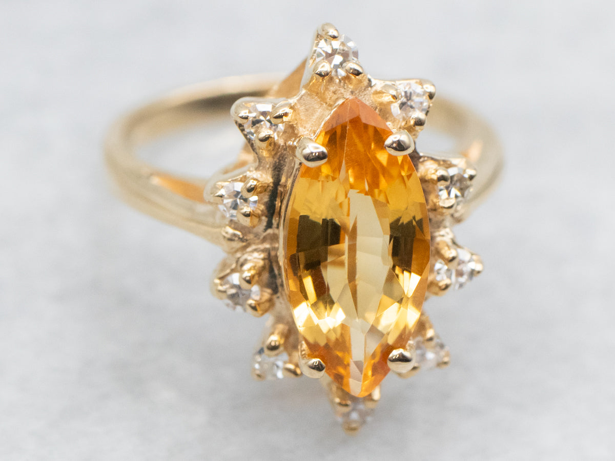 Marquise-Cut Citrine and Diamond Vintage Halo Ring