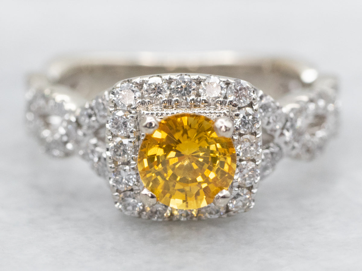 Yellow Sapphire and Diamond Halo Modern Engagement Ring