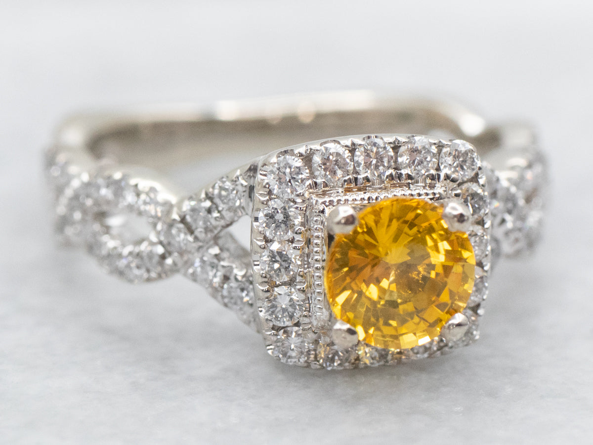 Yellow Sapphire and Diamond Halo Modern Engagement Ring