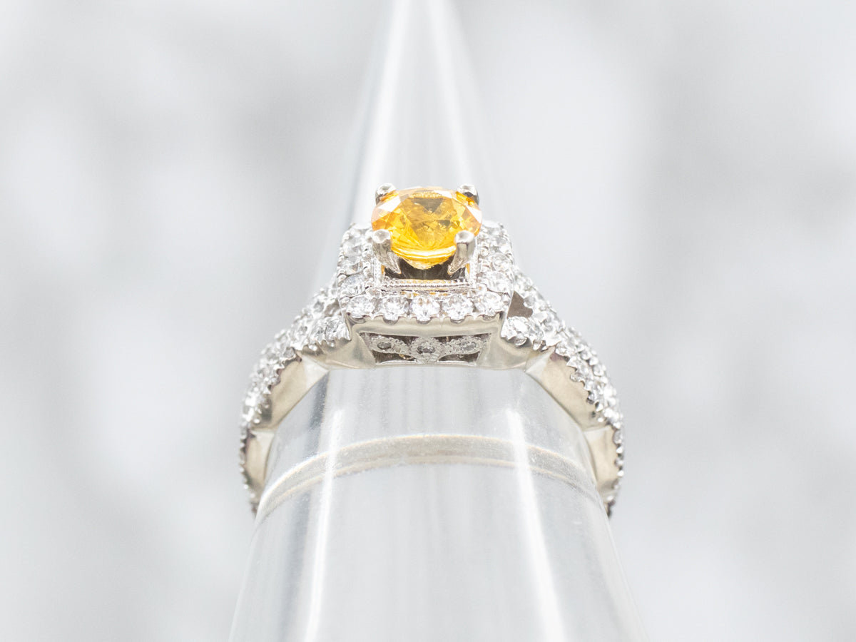 Yellow Sapphire and Diamond Halo Modern Engagement Ring