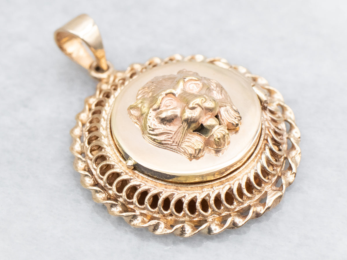 Ornate Yellow Gold Lion Head Circle Locket