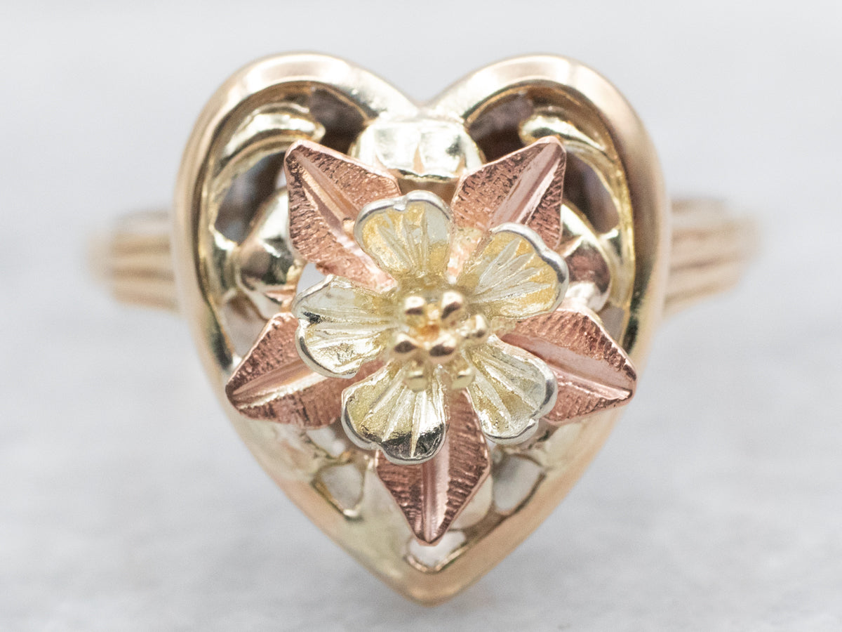 Mid Century Two Tone Heart Flower Blossom Ring