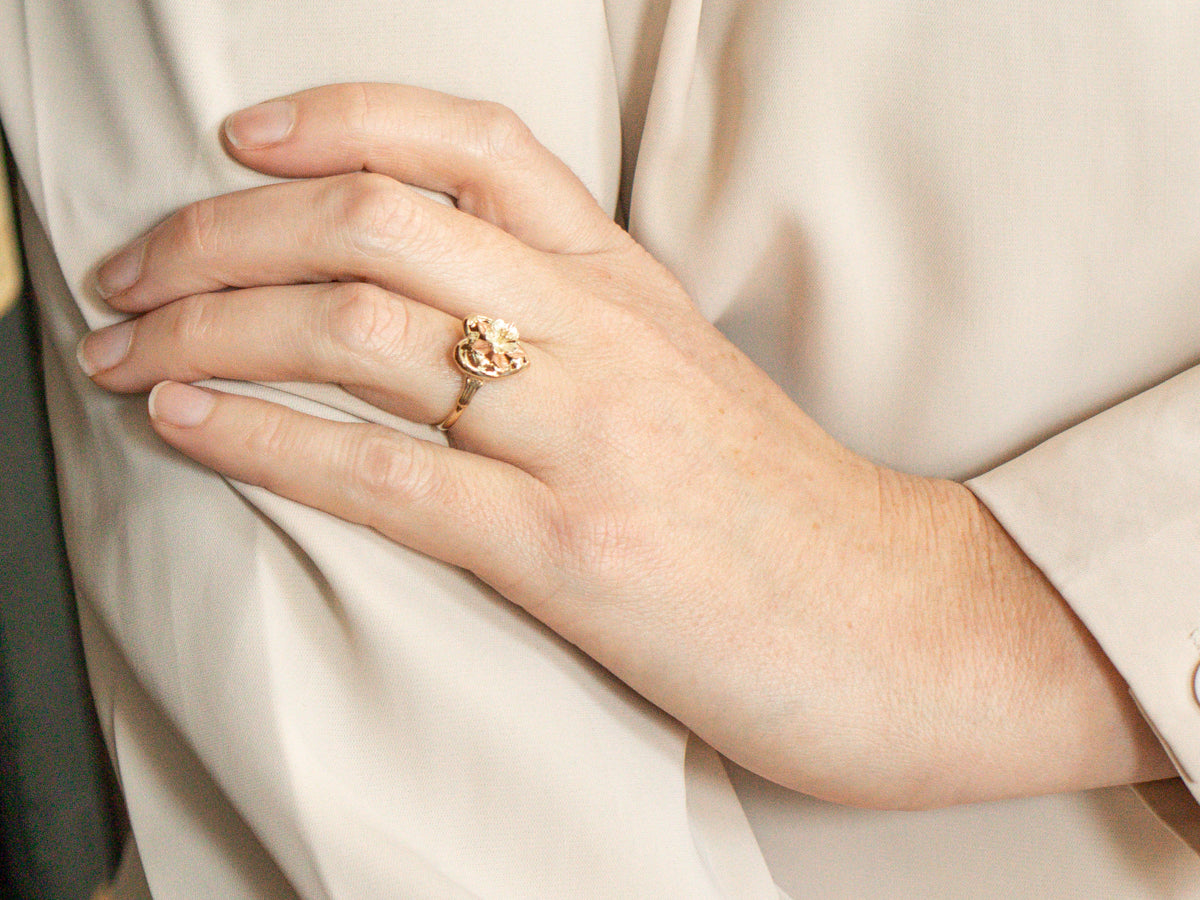 Mid Century Two Tone Heart Flower Blossom Ring