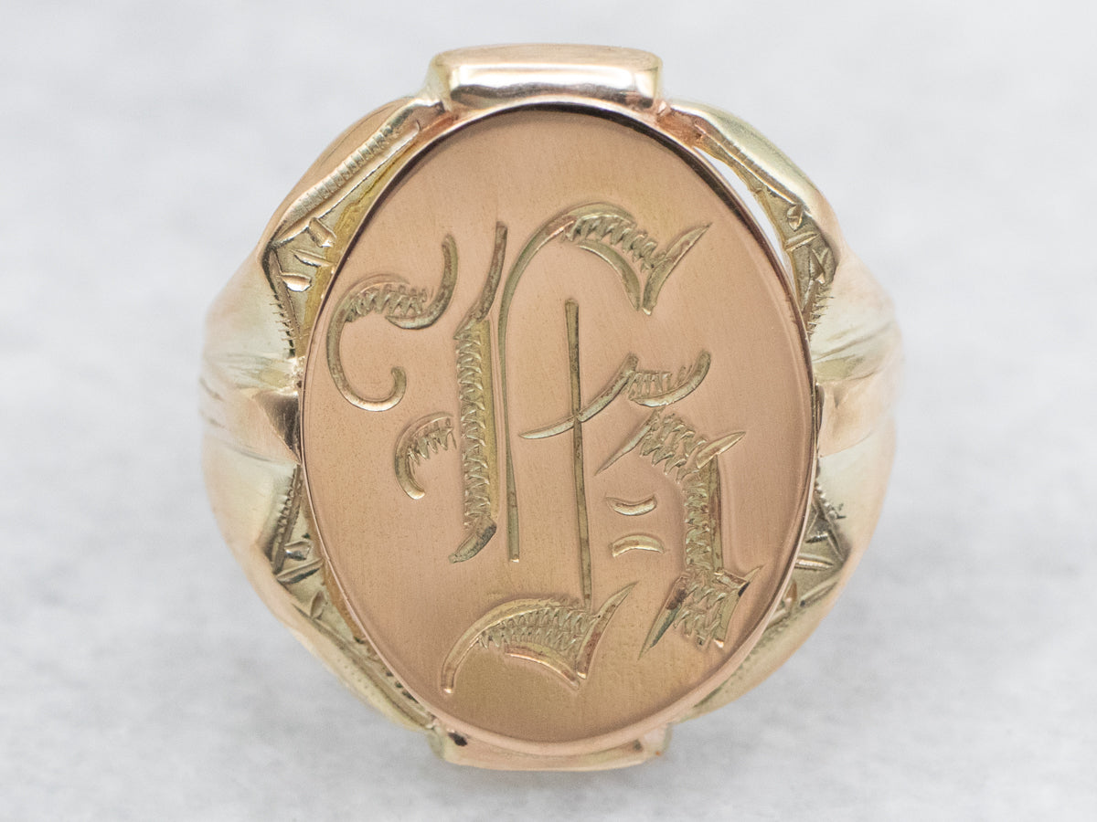 Old English Engraved Letter &quot;H&quot; Gold Signet Ring