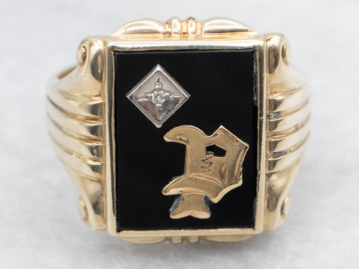 Vintage Men's "P" Monogram Black Onyx and Diamond Ring