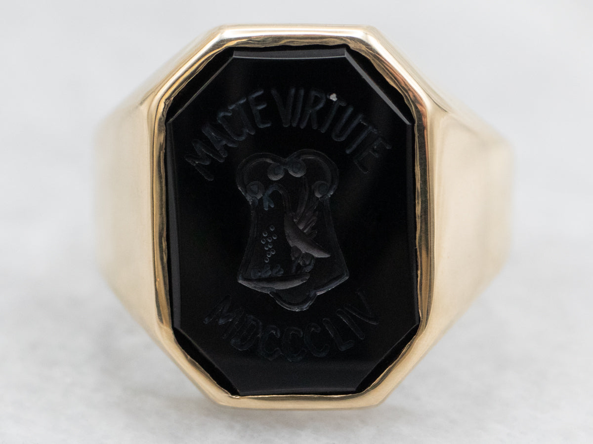 Vintage &quot;MACTE VIRTUTE MDCCCLIV&quot; Carved Black Onyx College Ring